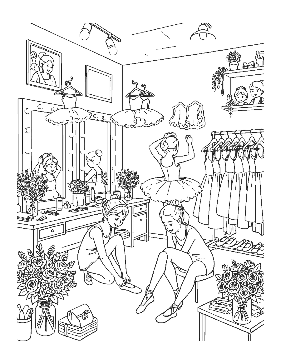 Line drawing of dancers tying slippers and fixing buns in a backstage dressing room