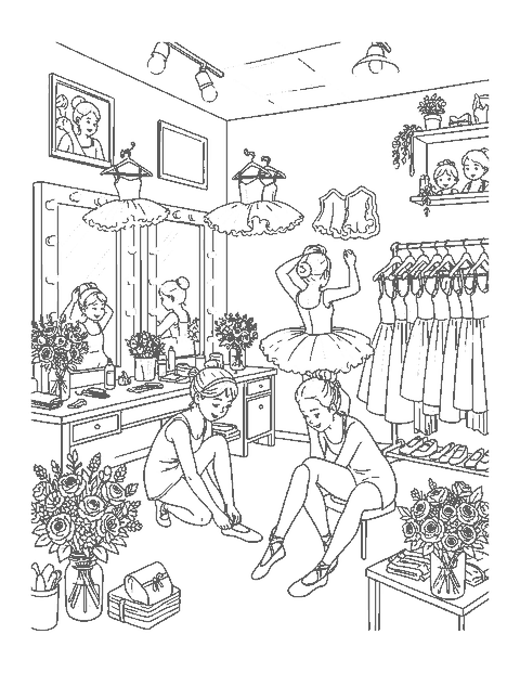 Line drawing of dancers tying slippers and fixing buns in a backstage dressing room