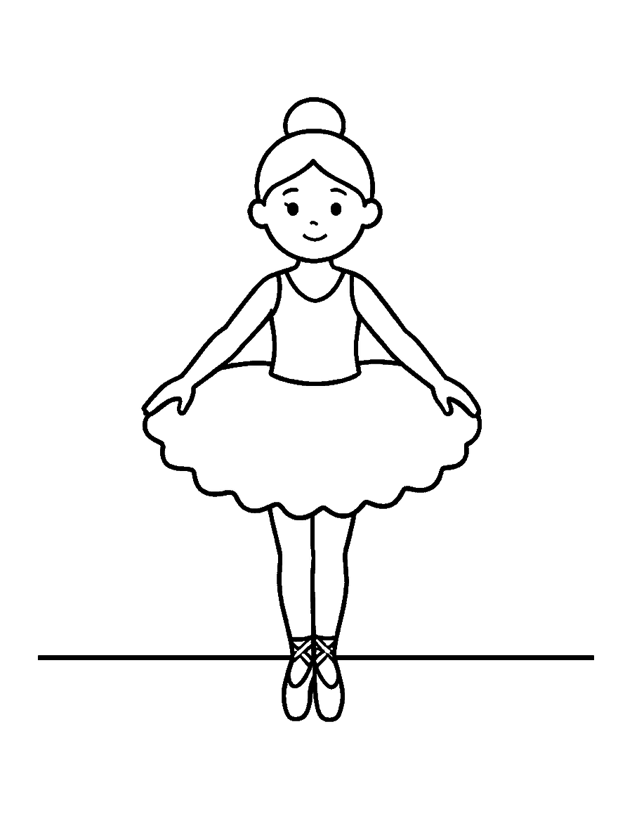 Line drawing of a little ballerina in a puffy tutu standing in first position