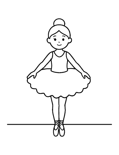 Line drawing of a little ballerina in a puffy tutu standing in first position