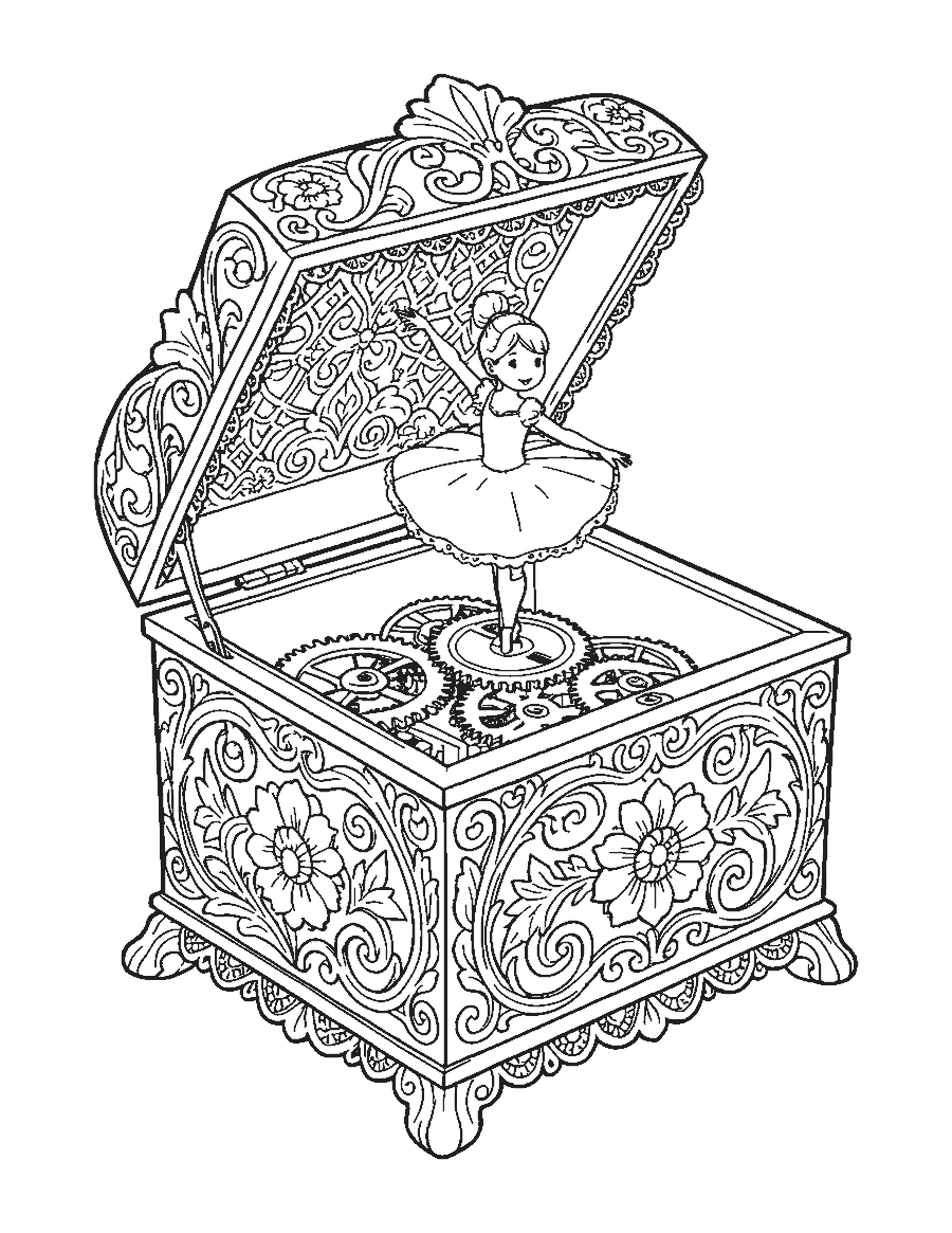 Line drawing of an ornate music box with a tiny ballerina twirling on top