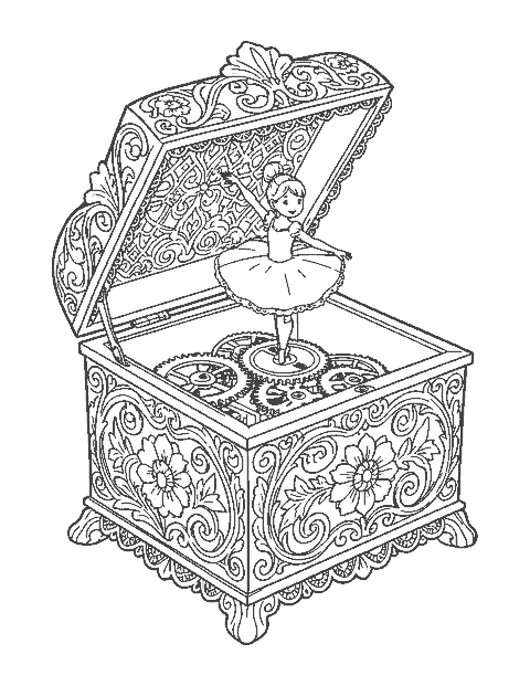 Line drawing of an ornate music box with a tiny ballerina twirling on top