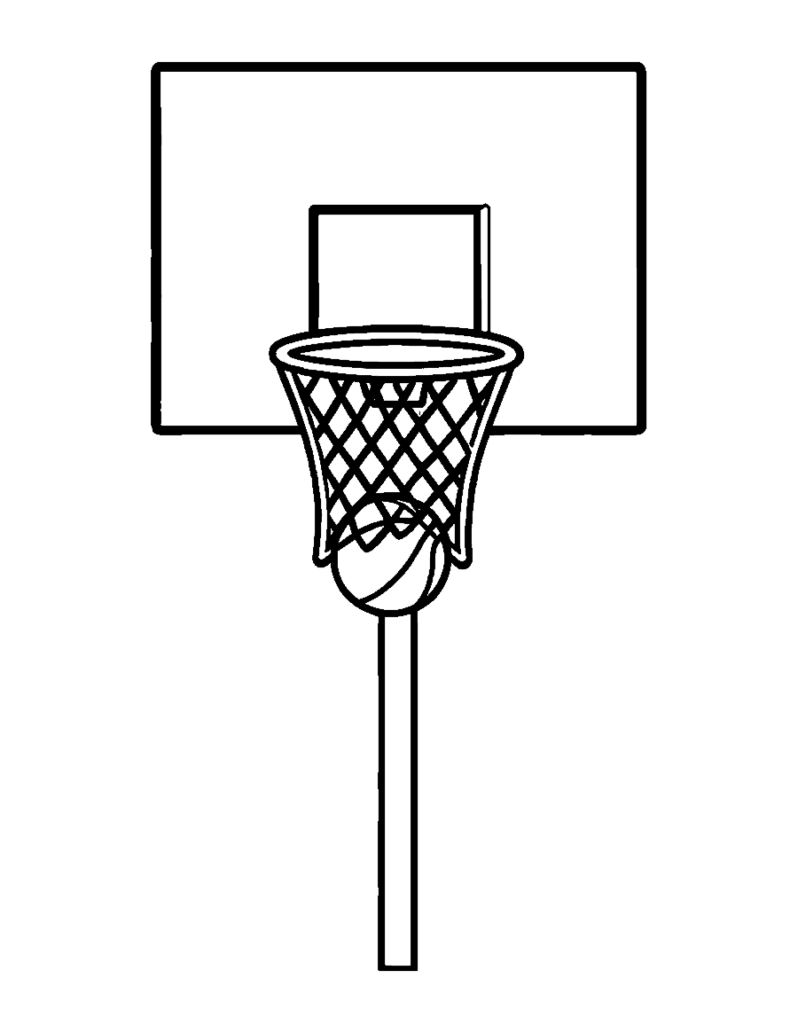 Line drawing of a basketball dropping through a hoop with a net and a backboard