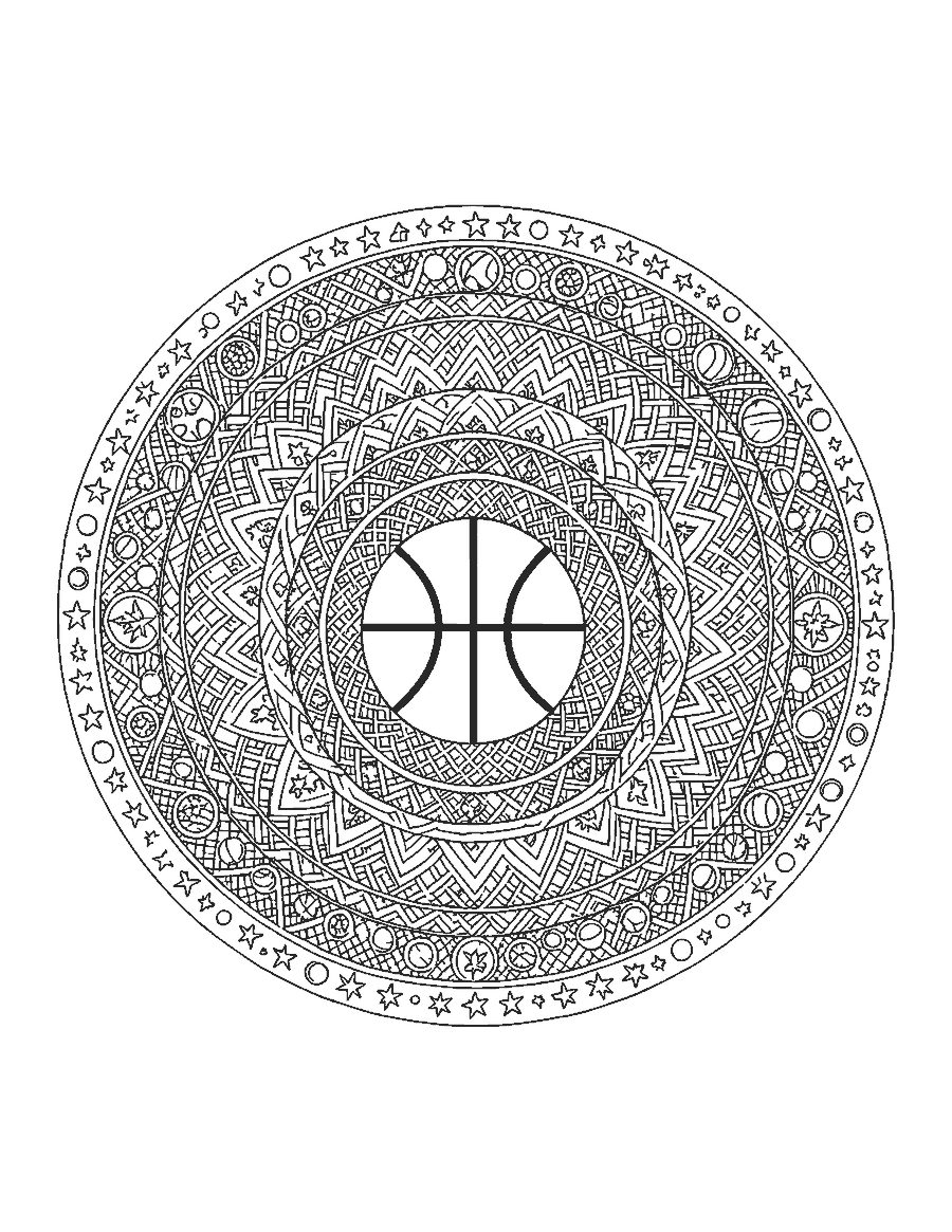 Line drawing of a basketball mandala ringed by net lattice, stars and small hoops