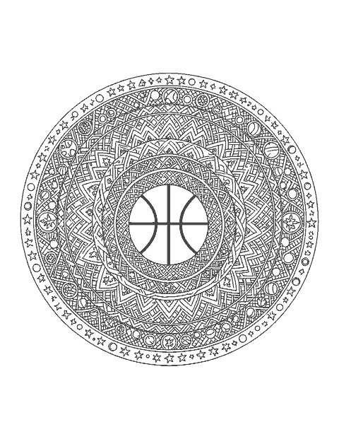 Line drawing of a basketball mandala ringed by net lattice, stars and small hoops