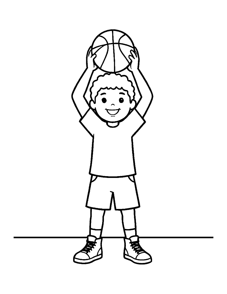 Line drawing of a young basketball player holding a basketball over his head
