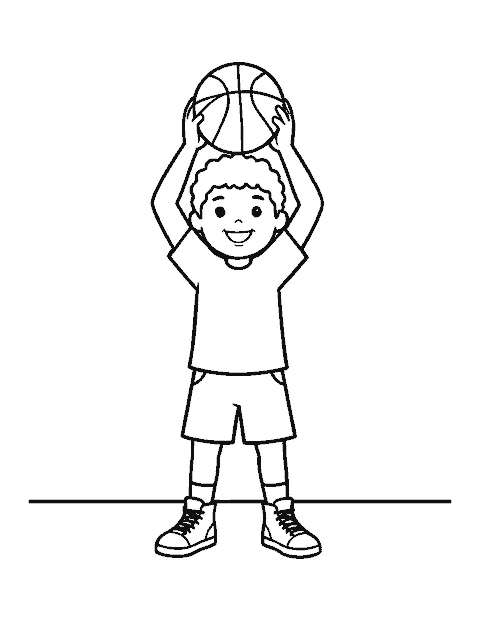 Line drawing of a young basketball player holding a basketball over his head