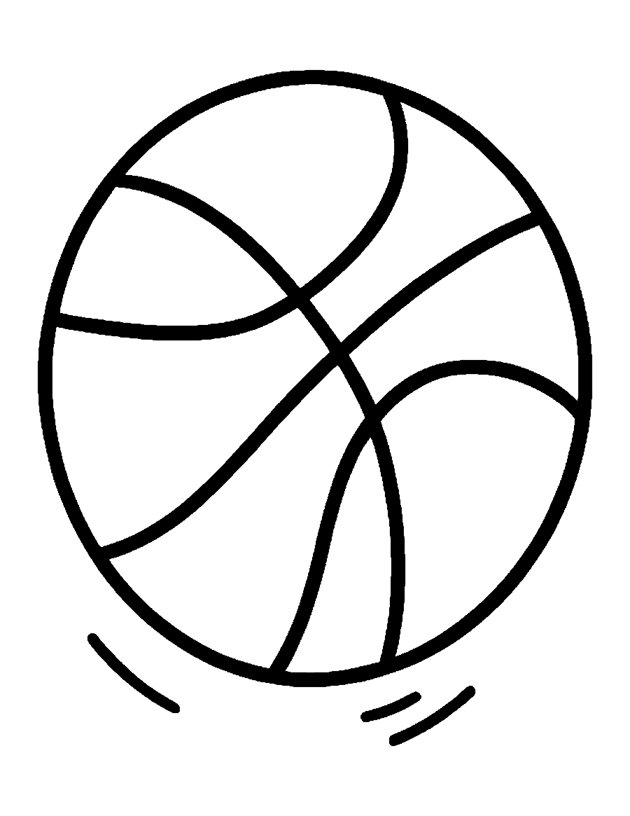 Line drawing of a basketball with curved seam lines bouncing above the ground
