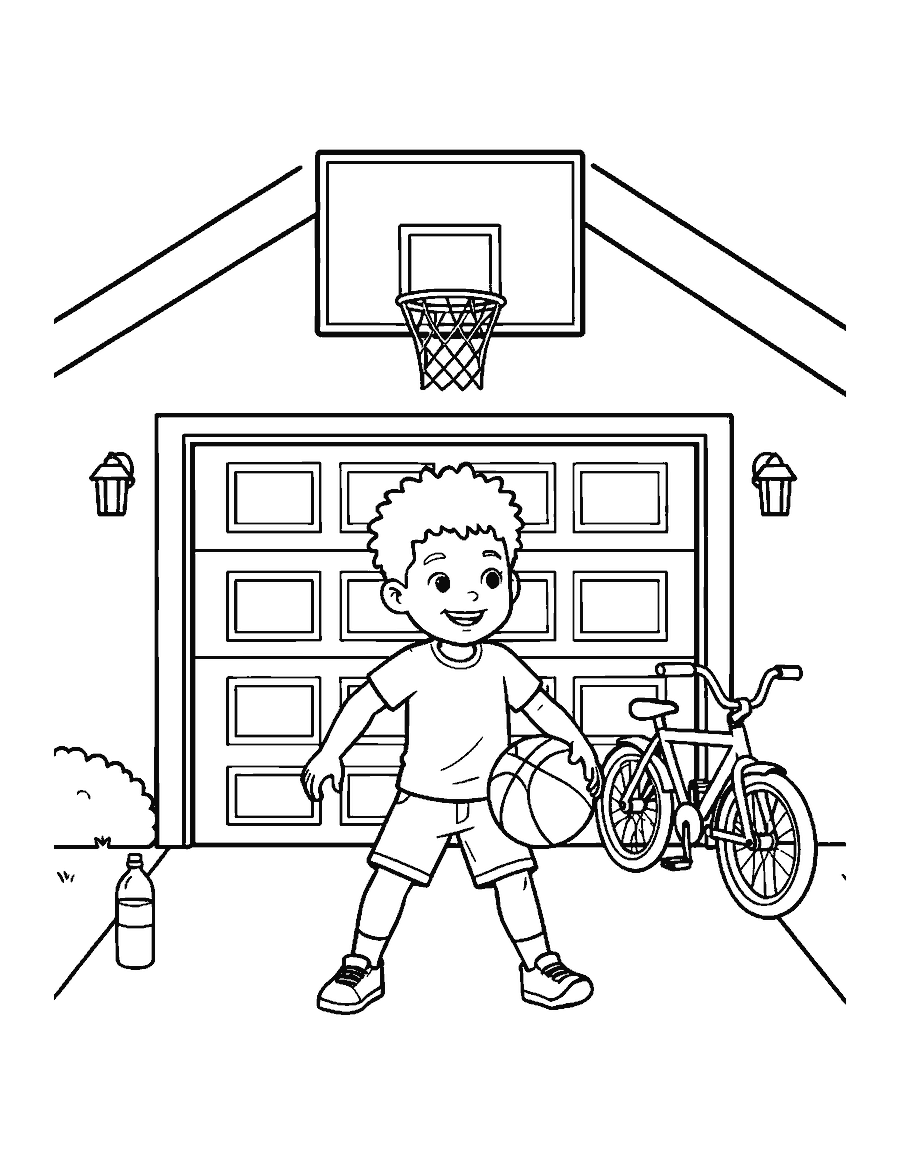 Line drawing of a boy dribbling a basketball on a driveway under a garage hoop