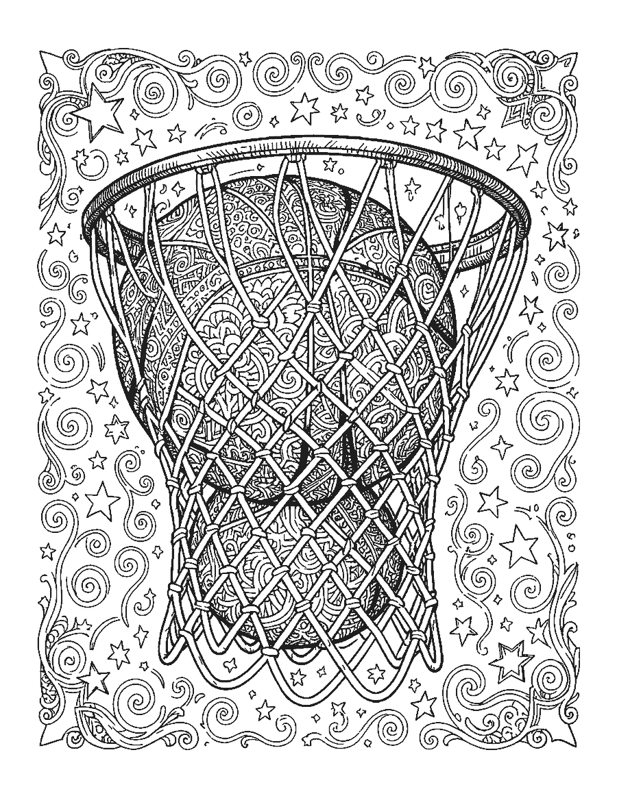 Line drawing of a doodle basketball swishing through an intricate lattice net