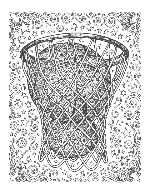 Line drawing of a doodle basketball swishing through an intricate lattice net