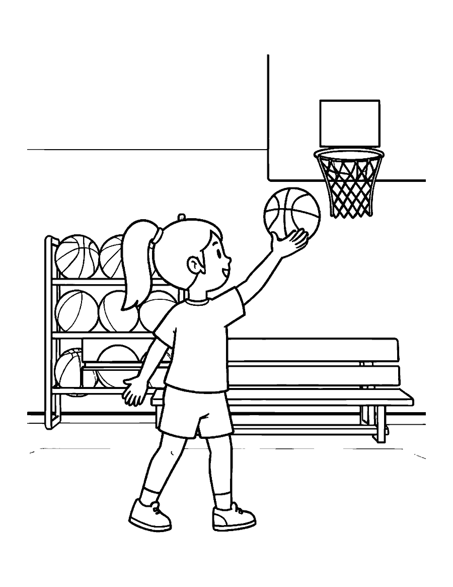 Line drawing of a girl with a ponytail shooting a basketball in a school gym