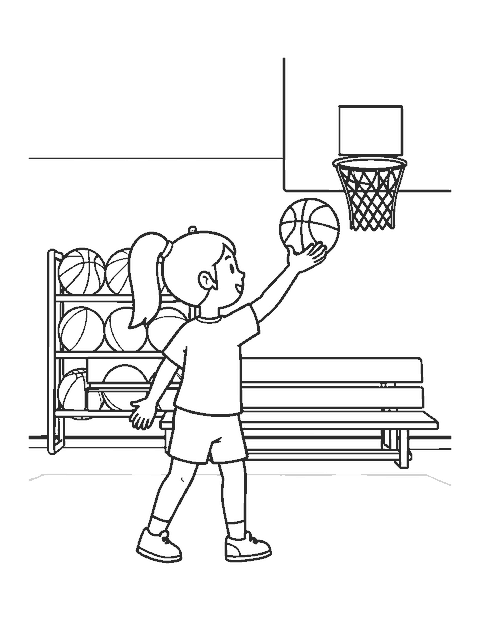 Line drawing of a girl with a ponytail shooting a basketball in a school gym