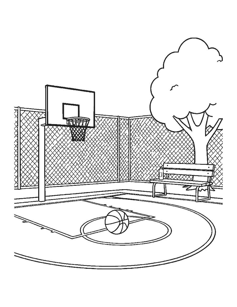 Line drawing of an empty outdoor basketball court with a hoop, a ball and a bench