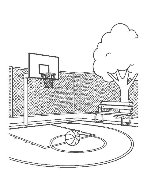 Line drawing of an empty outdoor basketball court with a hoop, a ball and a bench