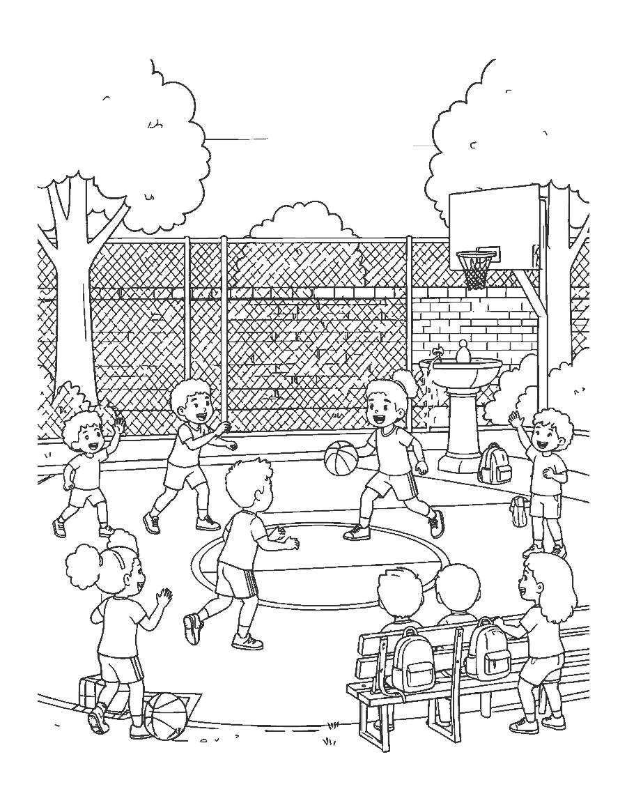 Line drawing of kids playing basketball on an outdoor park court with friends cheering