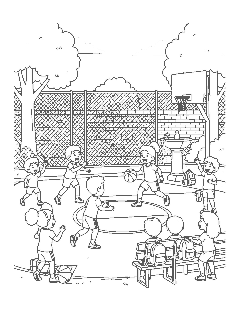 Line drawing of kids playing basketball on an outdoor park court with friends cheering
