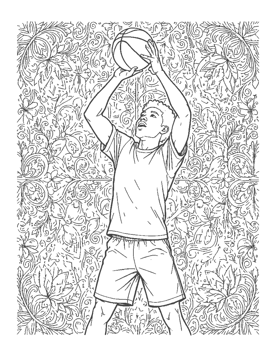 Line drawing of a realistic basketball player rising for a jump shot
