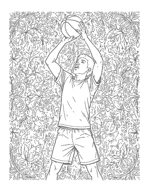 Line drawing of a realistic basketball player rising for a jump shot