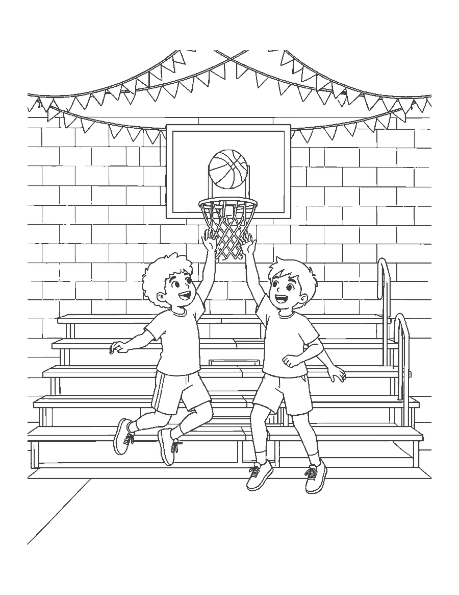 Line drawing of players jumping for a rebound during a school basketball game