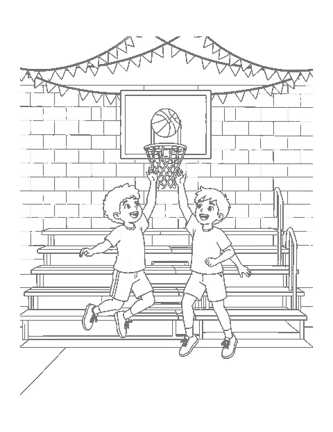 Line drawing of players jumping for a rebound during a school basketball game