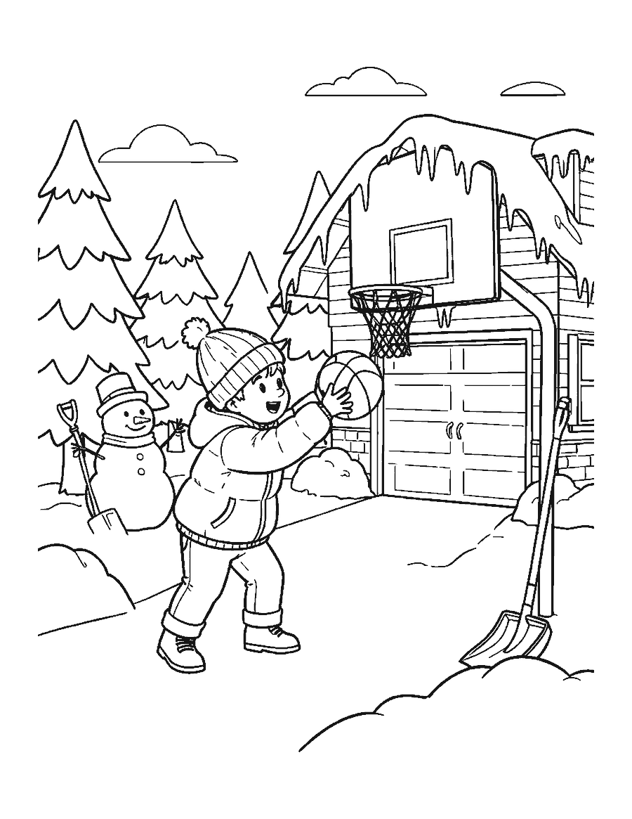 Line drawing of a boy in winter clothes shooting a basketball at a hoop in the snow