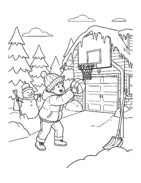 Line drawing of a boy in winter clothes shooting a basketball at a hoop in the snow