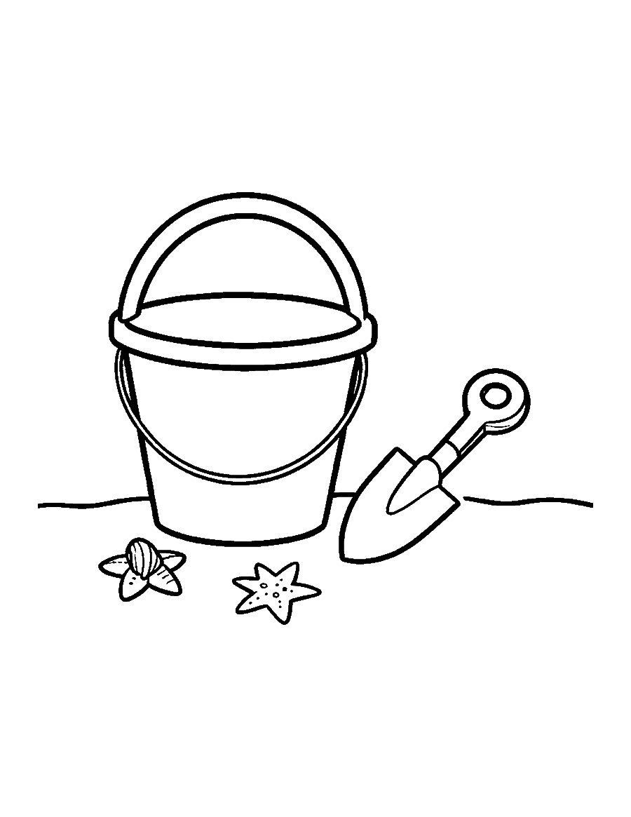 Line drawing of a beach pail and shovel with a seashell and a starfish on the sand