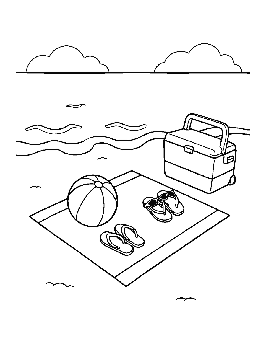 Line drawing of a beach towel with a ball, flip-flops and sunglasses near the waves