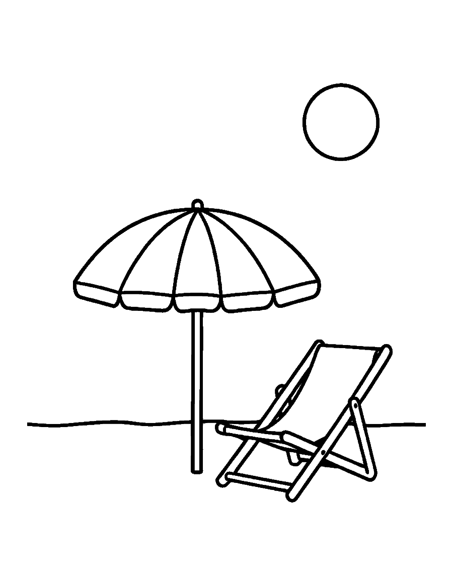 Line drawing of a striped beach umbrella over a folding chair with a sun in the sky