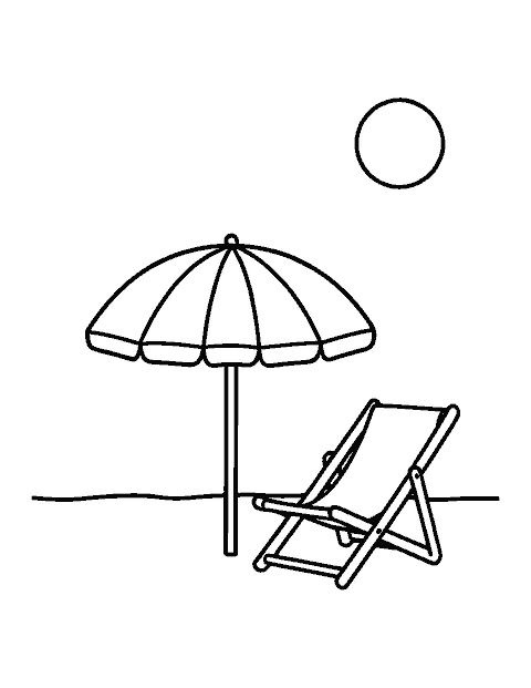 Line drawing of a striped beach umbrella over a folding chair with a sun in the sky