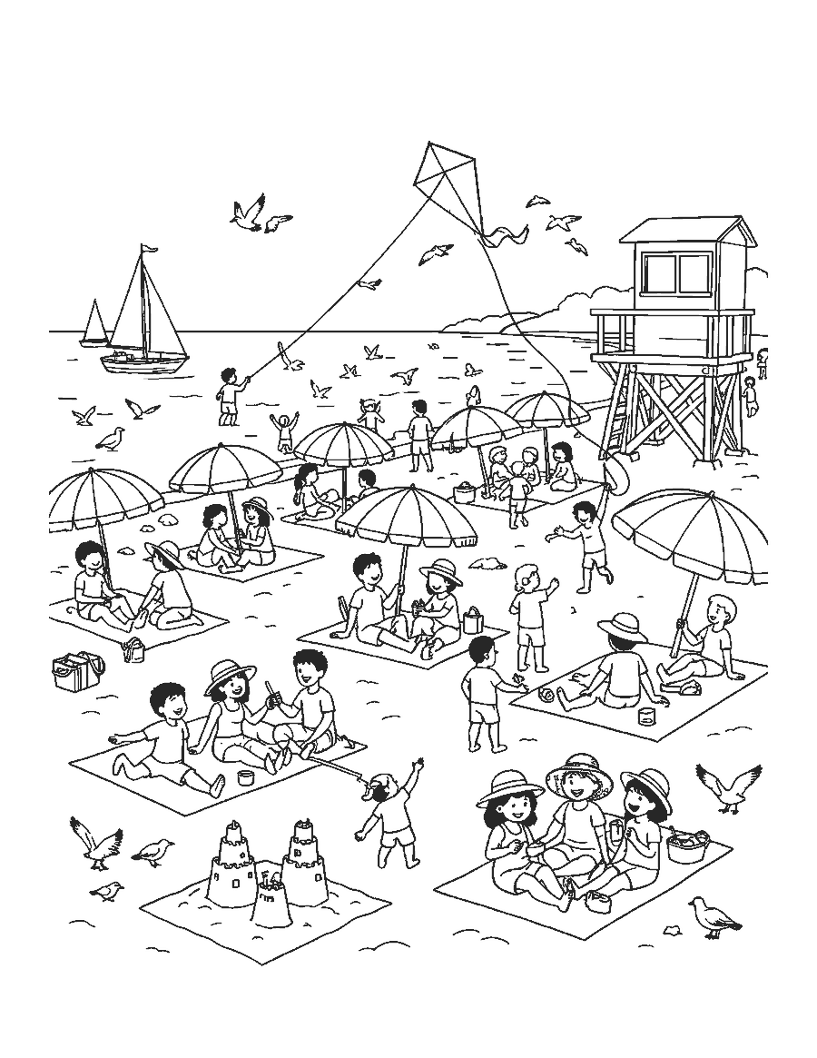 Line drawing of a busy beach with umbrellas, families, a kite, a lifeguard tower and boats