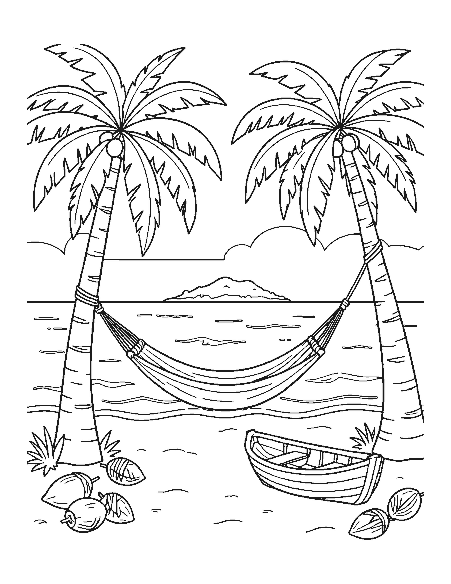 Line drawing of a hammock between two palm trees on a tropical beach with a rowboat
