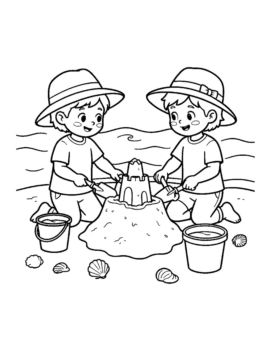 Line drawing of two children in sun hats building a sandcastle with pails and shovels