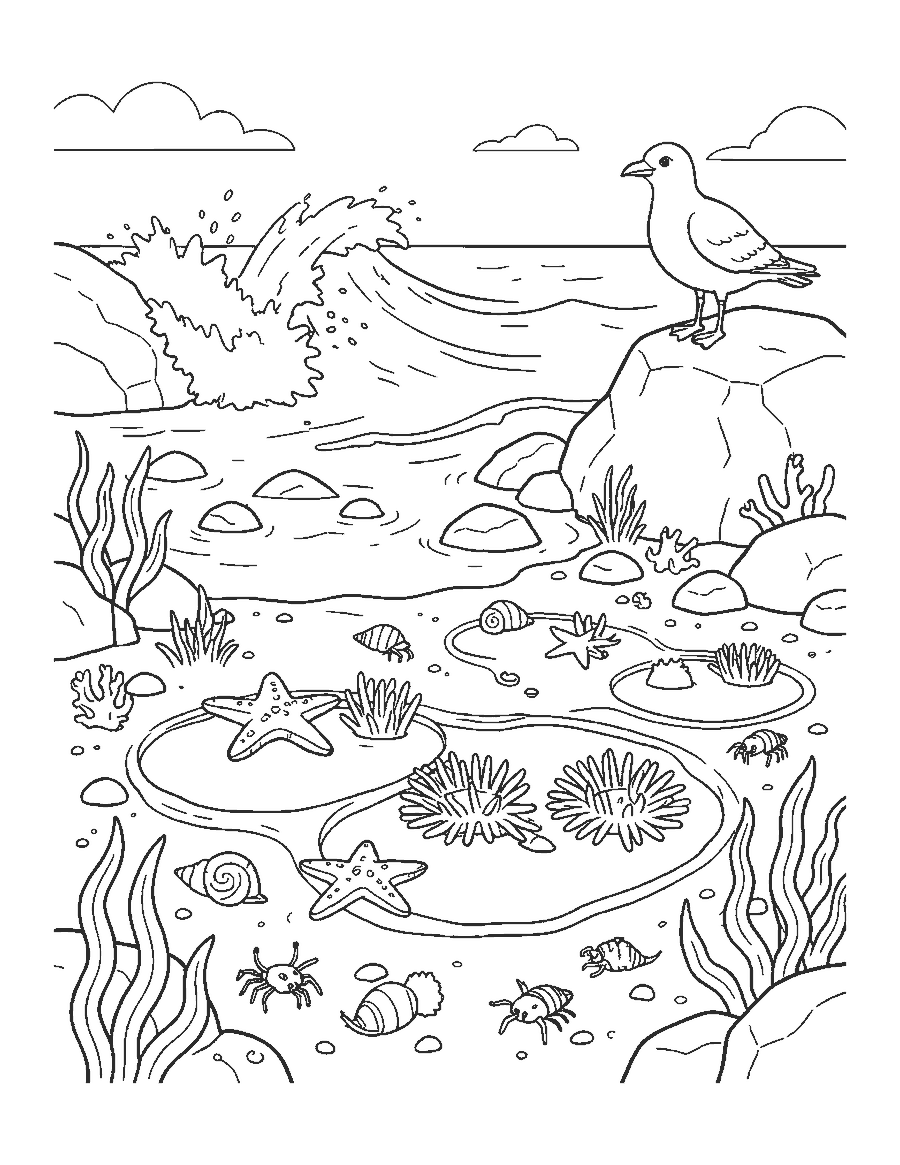 Line drawing of rocky tide pools with starfish, anemones, hermit crabs and a seagull