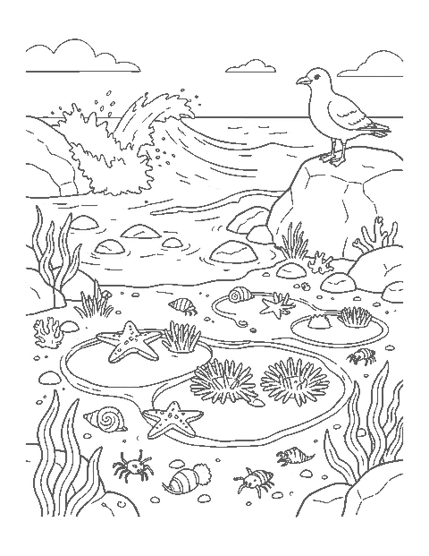 Line drawing of rocky tide pools with starfish, anemones, hermit crabs and a seagull
