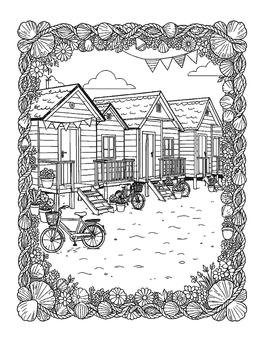 Line drawing of a row of striped beach cabins inside a border of seashells and rope knots