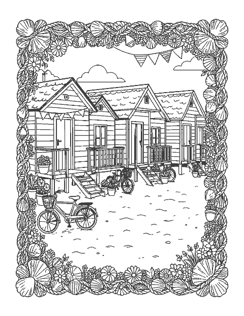 Line drawing of a row of striped beach cabins inside a border of seashells and rope knots