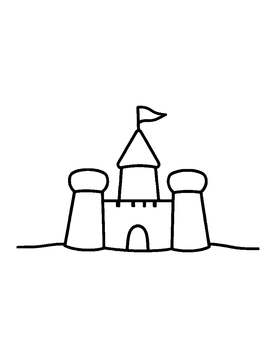 Line drawing of a big sandcastle with three round towers, a flag and an arched door