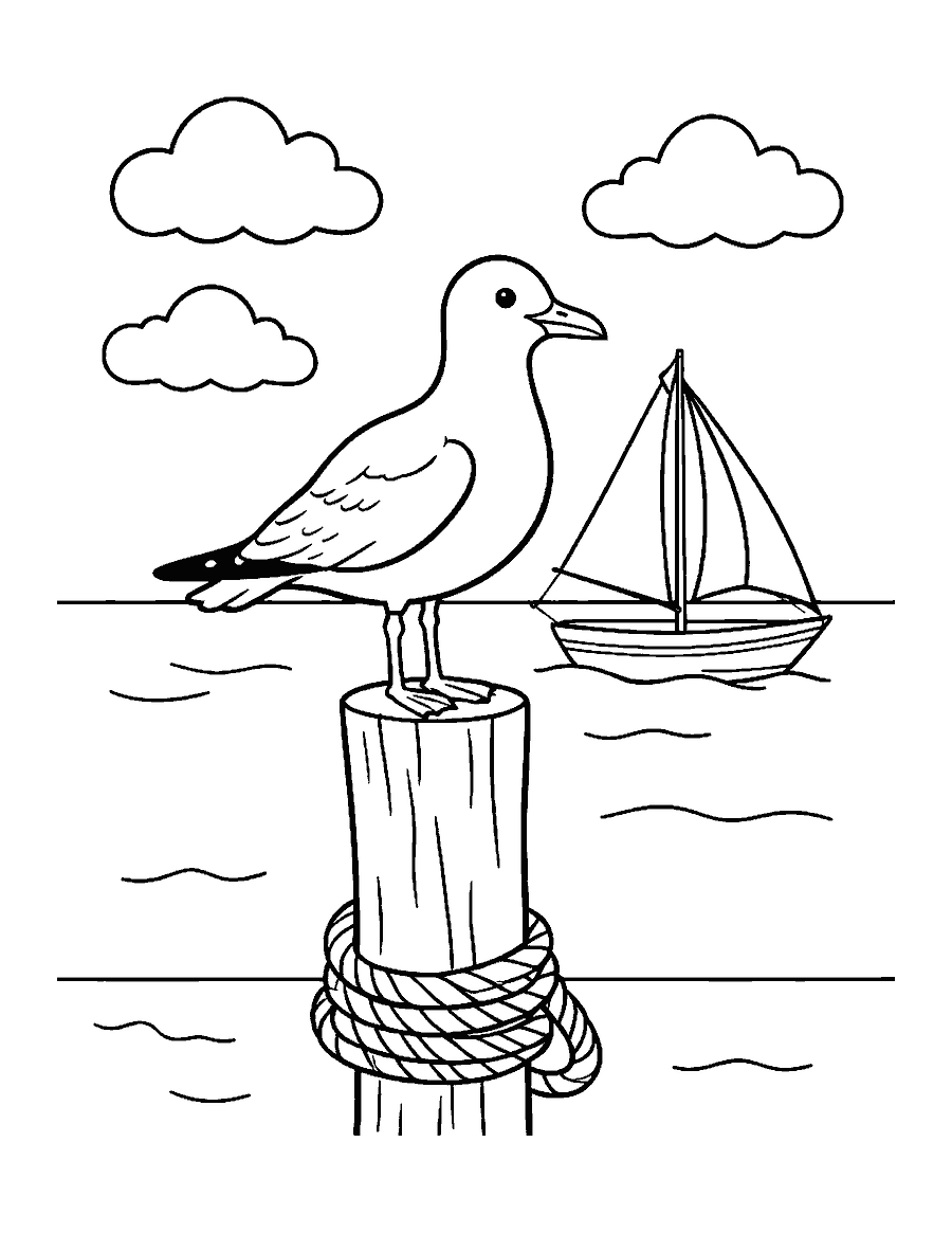 Line drawing of a seagull on a wooden pier post with a coiled rope and a sailboat