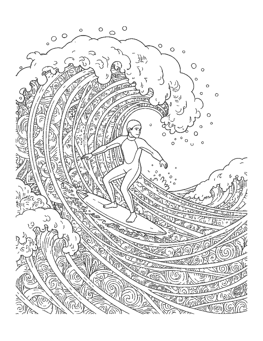 Line drawing of a surfer in a wetsuit riding inside a huge curling patterned wave