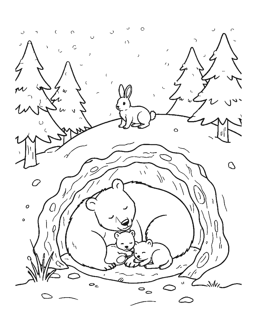 Line drawing of a cut-away den with a sleeping mother bear and two cubs under the snow