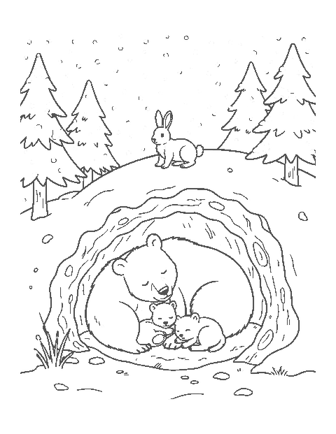 Line drawing of a cut-away den with a sleeping mother bear and two cubs under the snow