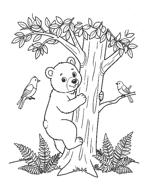 Line drawing of a black bear cub climbing a tree trunk and looking back over its shoulder