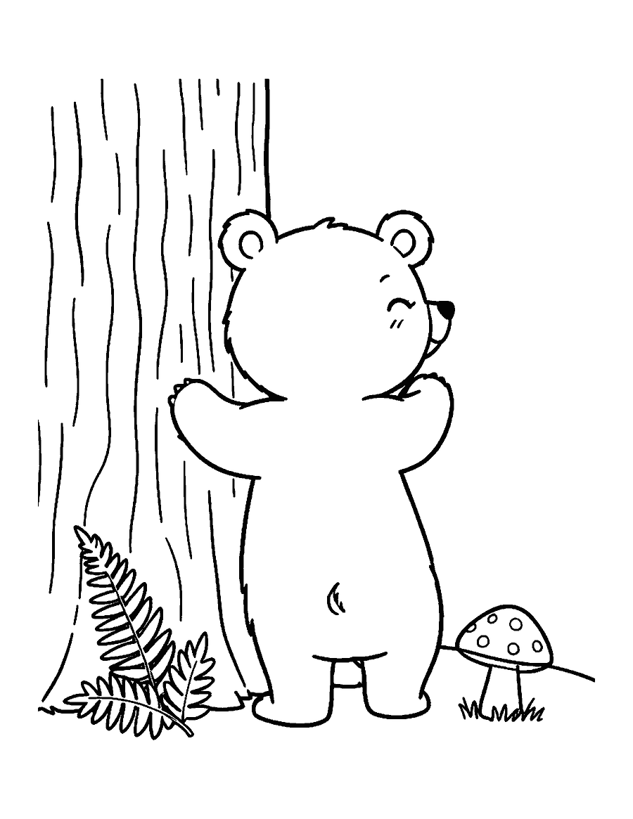 Line drawing of a brown bear cub rubbing its back against a pine tree trunk