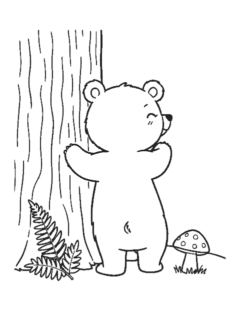 Line drawing of a brown bear cub rubbing its back against a pine tree trunk