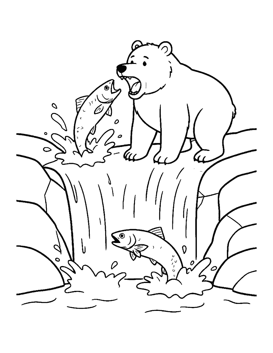Line drawing of a brown bear at the top of a waterfall as a salmon leaps toward it