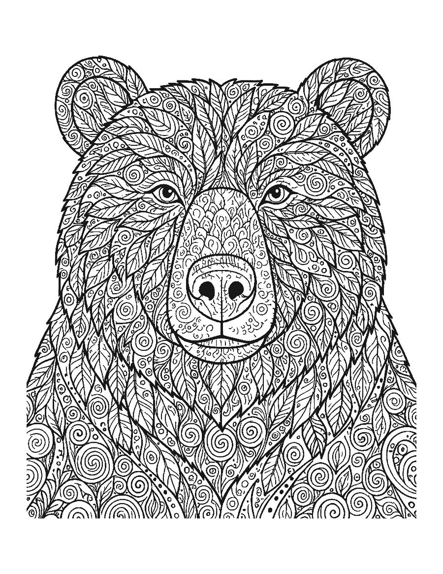 Line drawing of a brown bear's head with its fur filled with doodle patterns