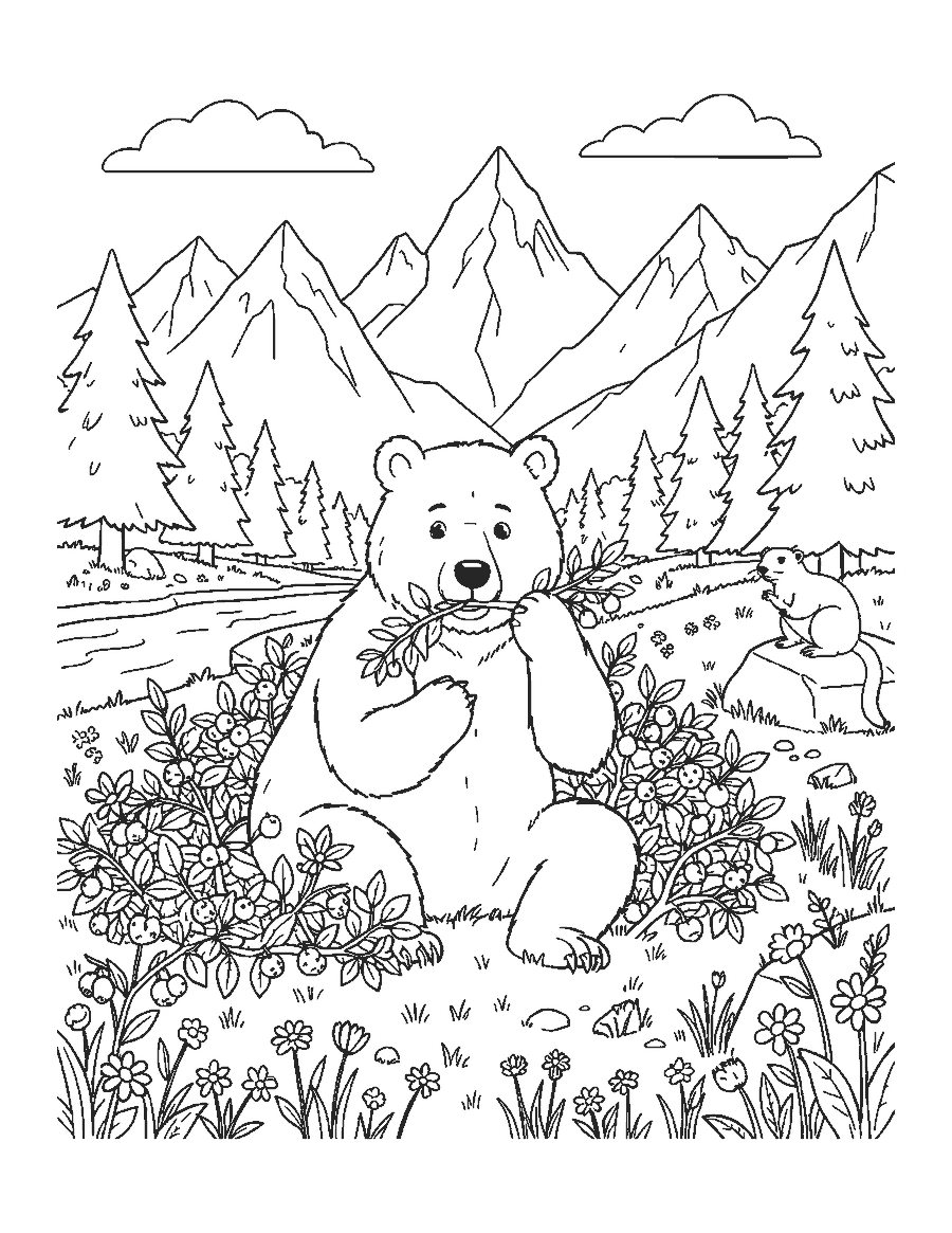 Line drawing of a grizzly bear eating berries in a meadow below jagged mountain peaks