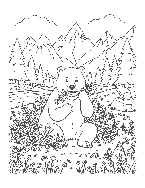 Line drawing of a grizzly bear eating berries in a meadow below jagged mountain peaks